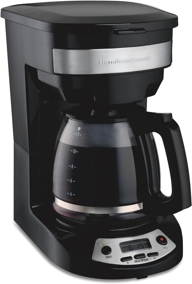 Hamilton Beach 12 Cup Programmable Drip Coffee Maker Machine, Regular & Bold Brew Options, Auto Pause and Pour, Glass Carafe, Black with Stainless Accents (46299J)