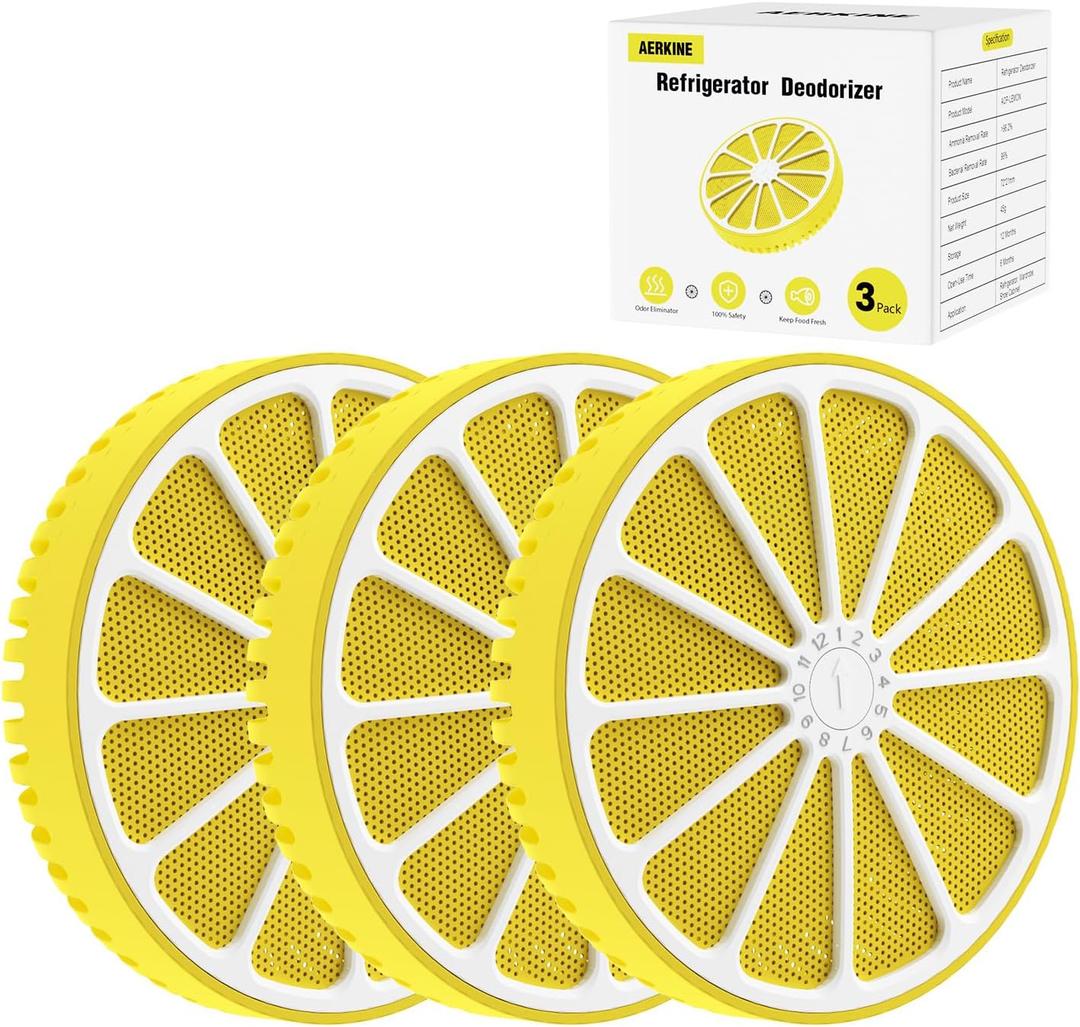 Refrigerator Deodorizer with AOP-KF Solid Alkali Technology, 2 Years Long-Lasting Fresh Odor Eliminator for Fridge, Kitchen, Apartment, Closet & Small Spaces, Lemon Design & Adjustable Clip (3 Packs)