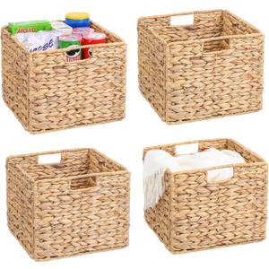 12x12x10 Water Hyacinth Storage Basket Large, Folding Cube Woven Wicker Storage Basket for Shelves, Pantry Baskets Organization and Storage, Large Rattan Basket Set of 4