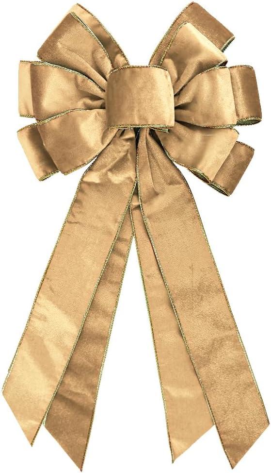 Vintage Champagne Wreath Bow - 20 * 11in Golden Edged Velvet Tree Topper Ornament for Xmas Winter Home Decor