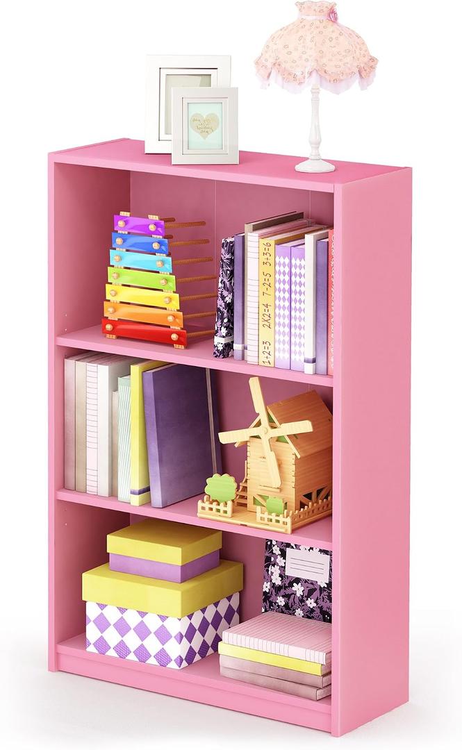 Furinno JAYA Book Shelf, 3-Tier Bookshelf, Bookcase with Adjustable Shelves, 9.5 x 24.5 x 40.3, for Organization and Storage, for Living Room, Bedroom, Home Office, Pink