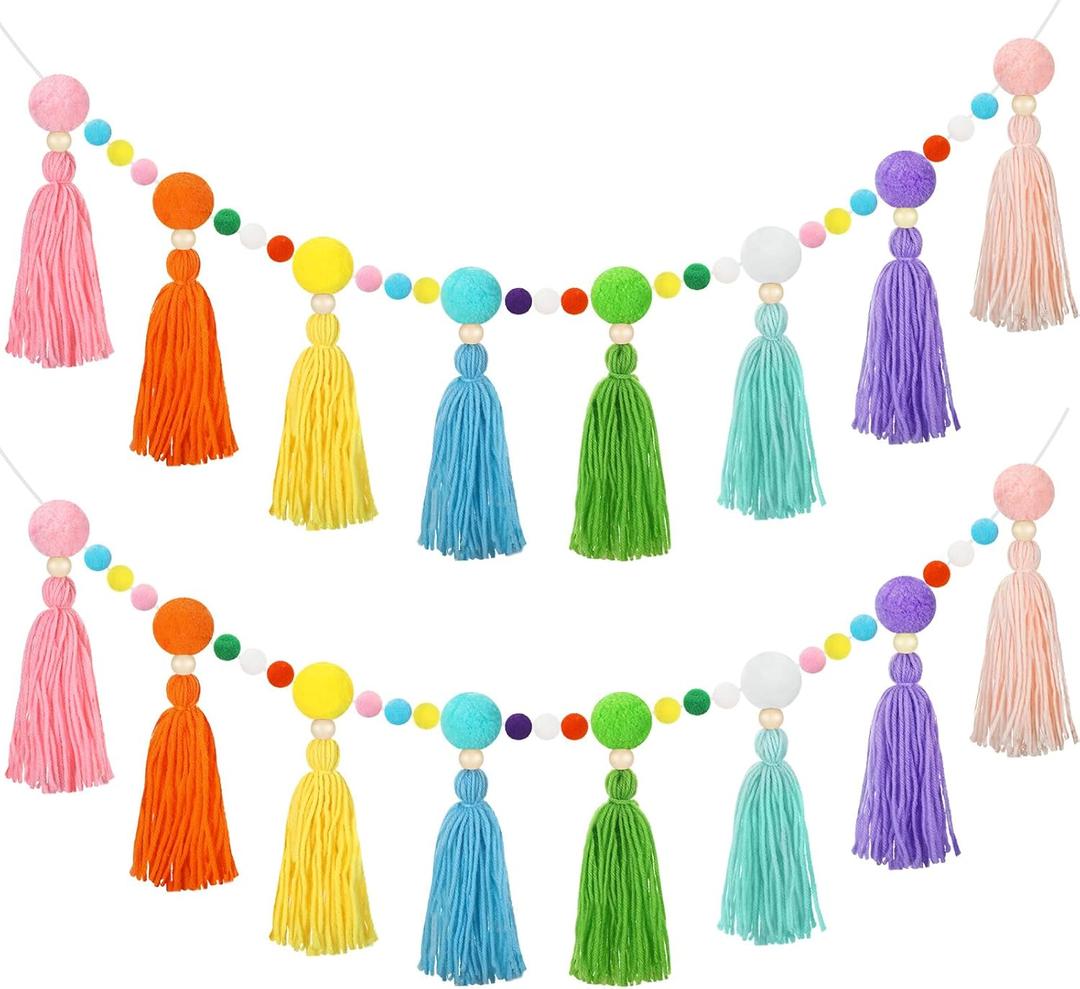 Janinka 2 Pcs 13 Feet Rainbow Pom Pom Tassel Garland Large Colorful Classroom Boho Tassel Banner Back to School Wall Hanging Decor for Classroom Home Nursery Baby Shower Party Supplies (Pastel Color)