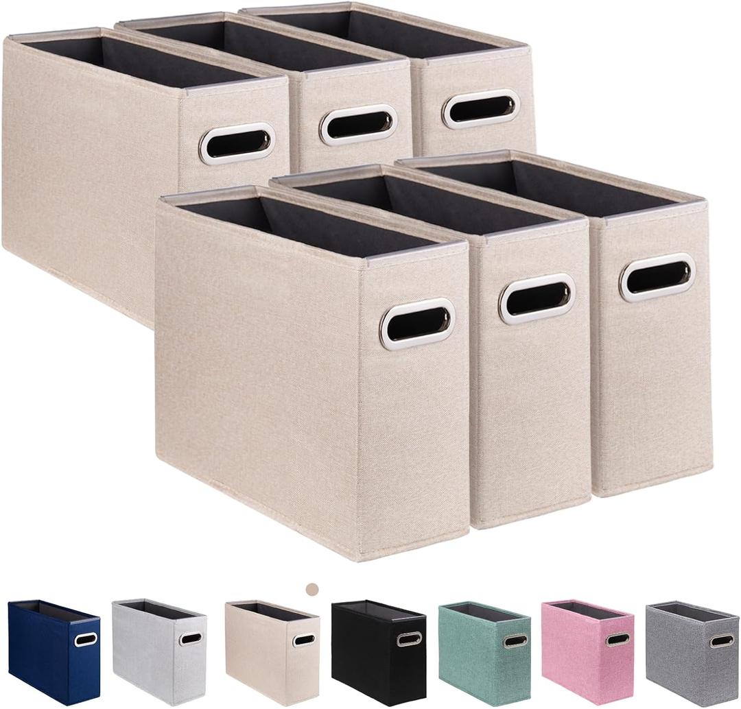 6 Pack Letter Size File Storage Box Collapsible，Fabric Hanging File Folders Organizer, Portable Office Document Holder with Metal Handle, Smooth PVC Rails, Beige