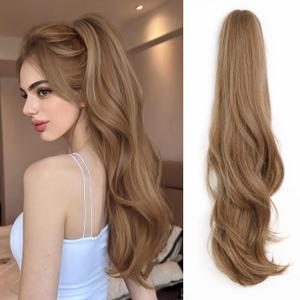 Claw Clip Ponytail Extension for Women 24'' Clip On Synthetic Hair with Fluffy Layered Wavy Heat Resistant & Natural Look Curly Fake Hair Pony Tail Extensions (Brown Mix Blonde, 7.5OZ)