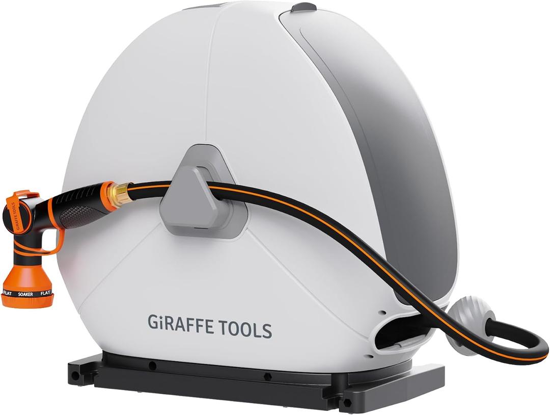 Giraffe Tools Retractable Heavy Duty Hose Reel, 1/2" x 82FT Automatic Rewind Garden Hose Reel with 360 Swivel Base, Ground Mounted for Lawn, Patio, Concrete Floor & Yard Watering