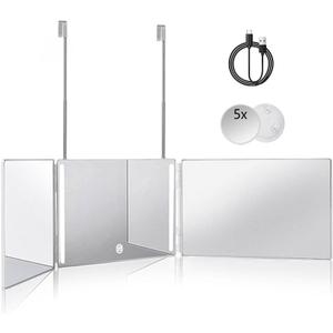 HIEEY 3 Way 360 Trifold Mirror with LED, Height Adjustable Telescoping Hooks,and 5X Magnification for Makeup,Hair Cutting/Styling (White)