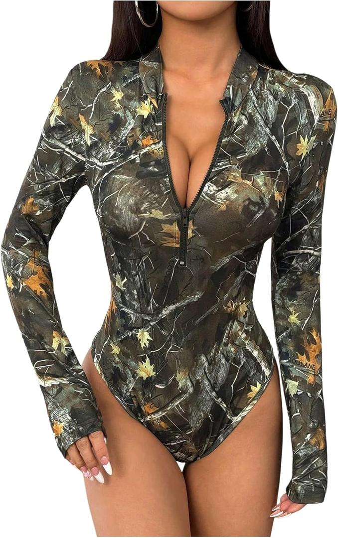 MakeMeChic Women's Camo Zip Front Bodysuit Mock Neck Long Sleeve Leotard Tops (Green)