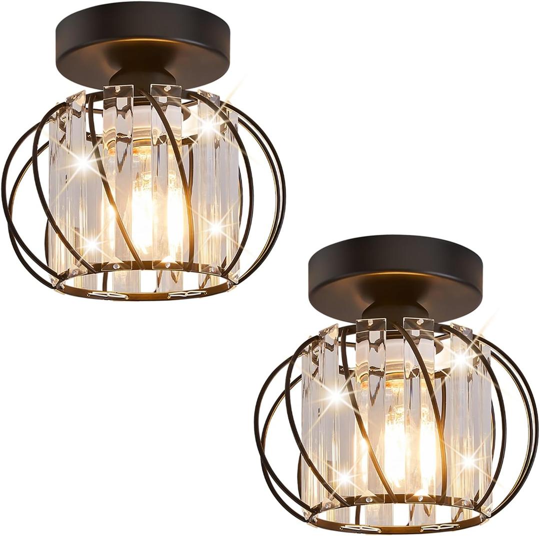 Semi Flush Mount Crystal Ceiling Light Pack of 2, Metal Cage Hallway Ceiling Lamps, Farmhouse Ceiling Light Fixture, Industrial Crystal Chandelier for Corridor Bathroom Kitchen (Black, 7.5 Inch)