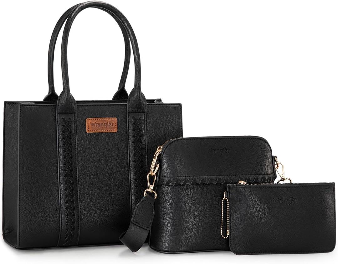 Wrangler 3Pcs Purses for Women Tote Bag Crossbody Handbag Sets with Strap (Black)