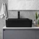 Ceramic Bathroom Sink, Black 19" x 15" Above Counter Porcelain Vessel Sink with Black Faucet and Pop up drain Set, Rectangle