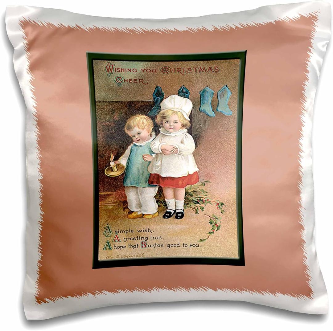 3dRose pc_153523_1 Wishing You Christmas Cheer Two Cute Children Holding A Candle in Front of The Fireplace Pillow Case, 16" x 16"