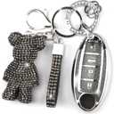 Cute Key Fob Cover with Rhinestone Bear Charm, Bling TPU Smart Key Case for Women, Compatible with Nissan Altima Murano Juke Sentra Rogue Pathfinder Titan Maxima Kicks (4-Button, Black)