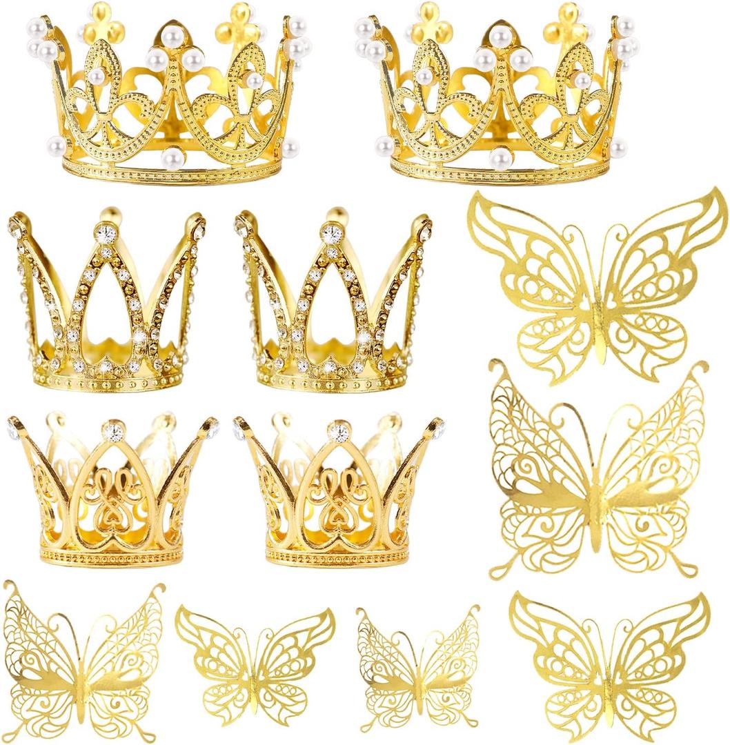 30 Mini Crown Cake Toppers - Small Gold Tiara with Butterfly Decoration for Wedding, Baby Shower, Birthday Party