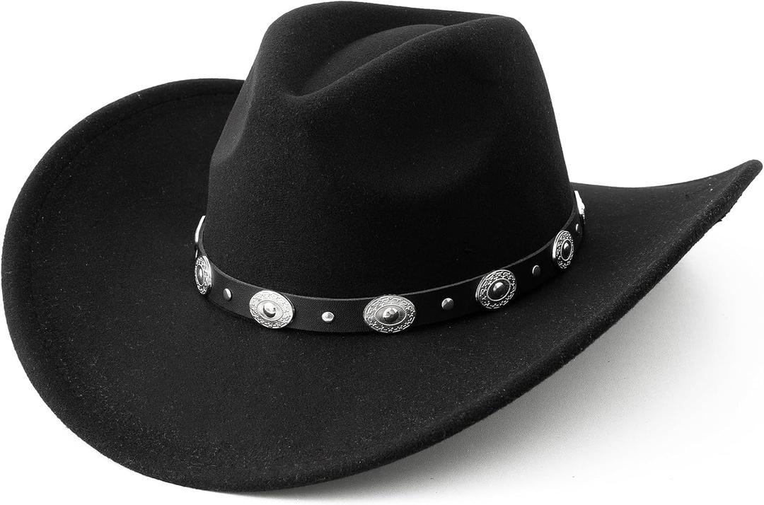 Lanzom Women Men Felt Wide Brim Western Cowboy Hats Belt Buckle Panama Hat (Medium-Large, Black)