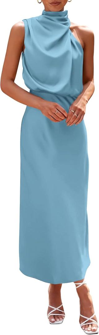 PRETTYGARDEN Women's 2025 Summer Satin Dress Elegant Sleeveless Mock Neck Cocktail Party Maxi Dresses (Medium, Light Blue)
