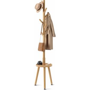 GREENSTELL Coat Rack with 8 Hooks, Wooden Coat Rack Freestanding with Shelf, Coat Tree with 4 Height Options 50.5"-72.6", Coat Hanger Stand for Bags, Clothes, Umbrellas, Hats, in Home, Natural