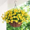 Artificial Fake Hanging Flowers Plants Baskets for Spring Outdoors Decor, Faux Silk Morning Glory in Planter UV Resistant Realistic Outside Flowers for Outdoor Porch Patio Balcony Yard Home, Yellow