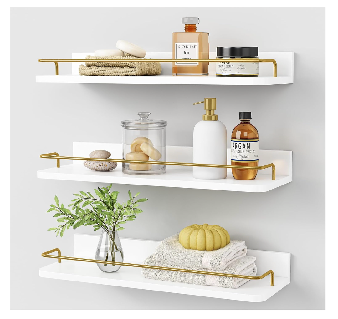 Gold Floating Shelves for Wall Decor Set of 3, Bathroom Shelves Over Toilet, Modern Display Wall Shelf with Guard Rail for Living Room Bedroom Organizers and Storage - White and Gold