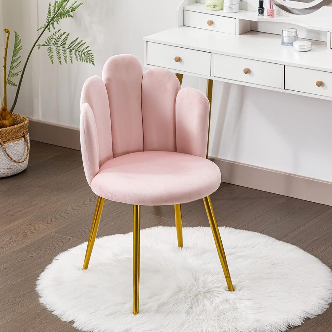 Vanity Chair for Makeup Room - Midcentury Modern Accent Velvet Chair with Back Support, Gold Legs for Living Room Bedroom (Pink), 19.29D x 21.26W x 16.93H in