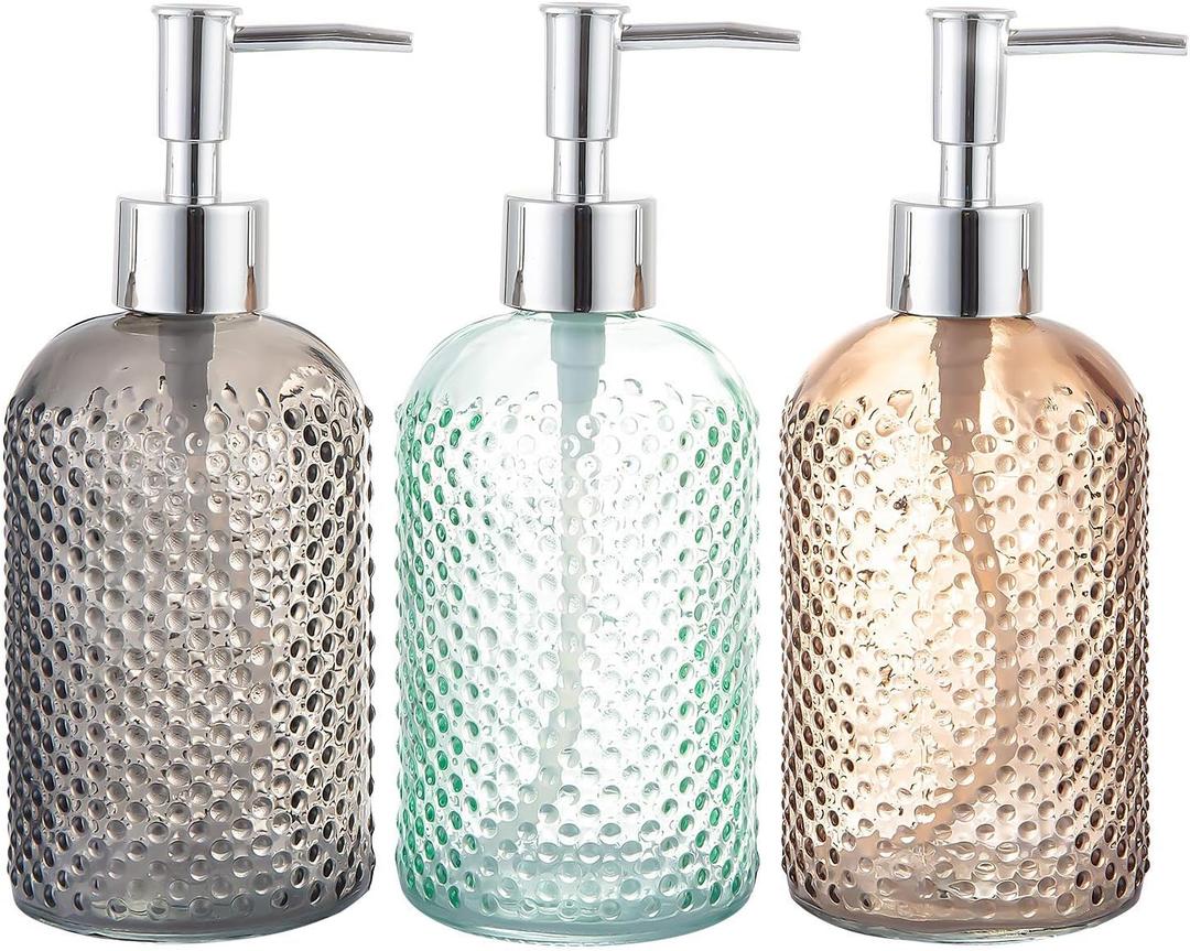 Cutiset 3 Pack Assorted Glass 15 Ounce Lotion Soap Dispenser Bottle with Pump for Bathroom, Kitchen (Assorted/15 Oz)