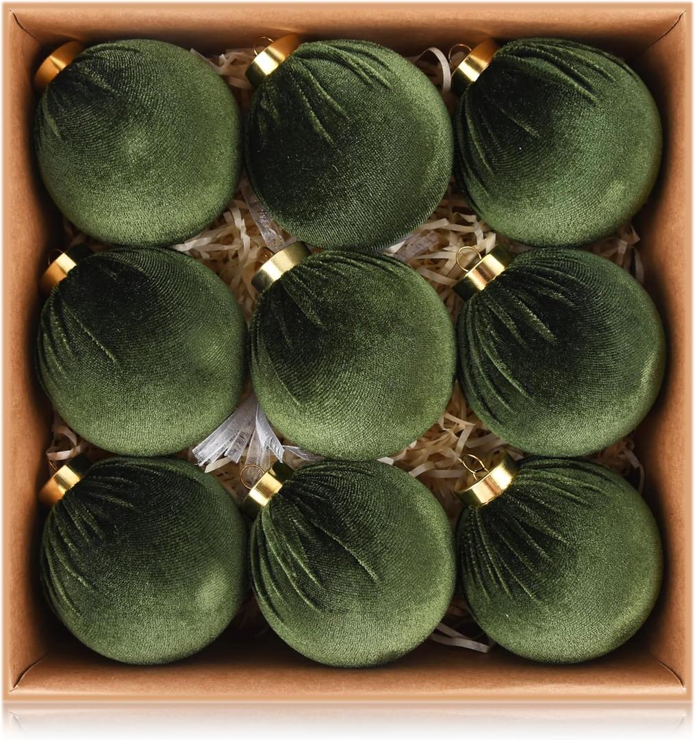 Velvet Ornaments for Christmas Tree Decorations - Moss Green Xmas Ball Ornament for Indoor Holiday Decor - Shatterproof Christmas Bulbs Ornaments 80mm 3.15inch - Pack of 9