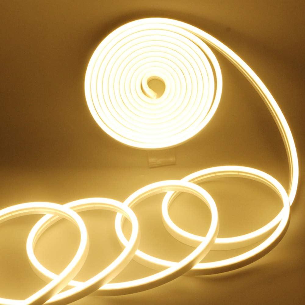 YM E-Bright Led Neon Strip Lights Without Power Supply, 12V Indoor Outdoor 16.4Ft 600SMD Warm White Silicone Waterproof IP67 Flexible for Signboard Bar Home Art TV Kitchen Bedroom PartyDecoration