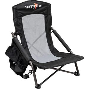 SUNNYFEEL Low Folding Beach Chair for Adults, Portable Lightweight Sling Beach Camping Chairs with Cup Holder, Armrest,Foldable Camp Lawn Chair for Outdoor Sand Concert Travel Sport Events,300LBS (Black)