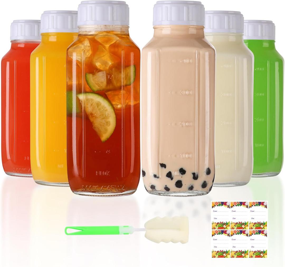 AuroTrends 16 oz Glass Bottles with Lids 6Pack, 480ml Glass Juicing Bottles for Juicing, Water, Kombucha - Portable Breastmilk Storage Bottle(16fl.oz, Set of 6)