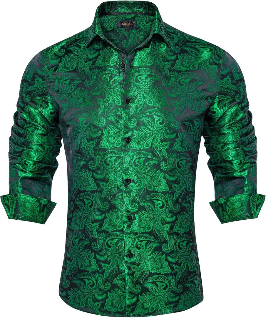 DiBanGu Silk Paisley Dress Shirts for Men Long Sleeve Button Down Shirt Casual Regular Fit Mens Shirts Wedding Party (Small, Emerald Green Paisley)