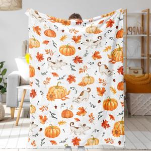 Fall Orange Pumpkin Throw Blanket Thanksgiving Harvest Lightweight Flannel Fleece Throw Blanket Autumn Happy Dog Throw Blankets Cozy Fuzzy Plush Throw Blankets for Bed Chair Couch 60" X 80"