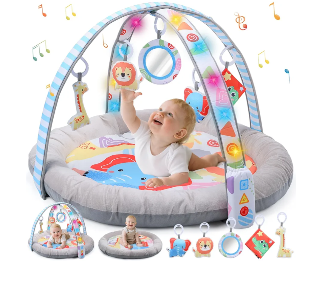 cute stone Baby Play Gym Mat with Music and Lights, Activity Mat with 5 Detachable Sensory Toys for Infant Tummy Time, Adjustable Volume, Developmental Learning Toy for Newborns Boys & Girls