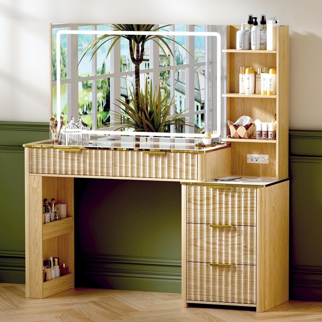 51" Vanity Desk with Power Outlet, Makeup Vanity with Mirror and Lights, 3 Lighting Modes, Vanity Table with Glass Top, 5 Drawers, and Jewelry Storage, Oak-1
