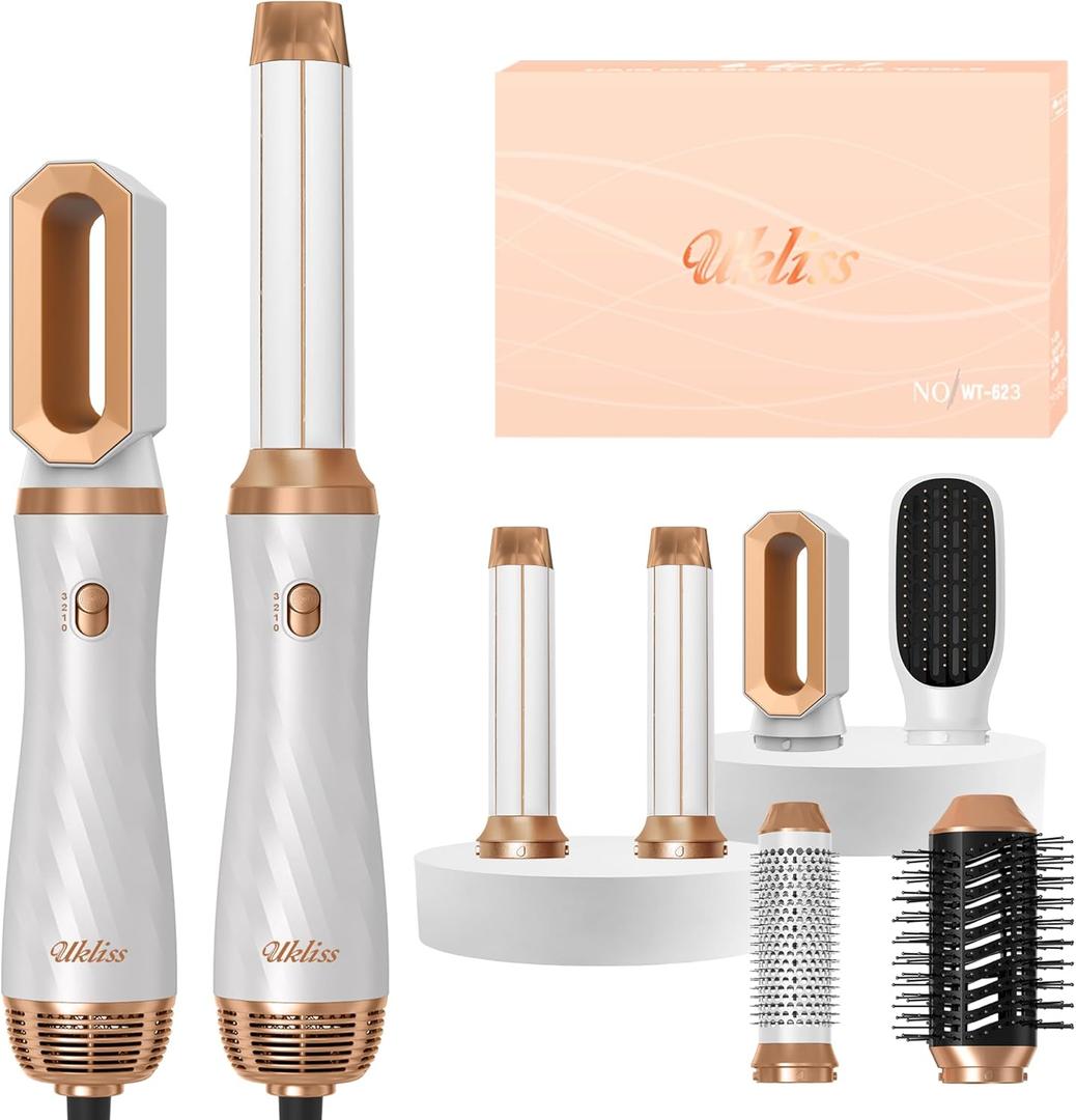 Uklias 6 in ONE Hair Dryer Brush, Blow Dryer Curling Wand Hair Styling Tools Set, Ionic Hot Air Massage Oval Blowout Hair Dryer, Left&Right Hair Styler