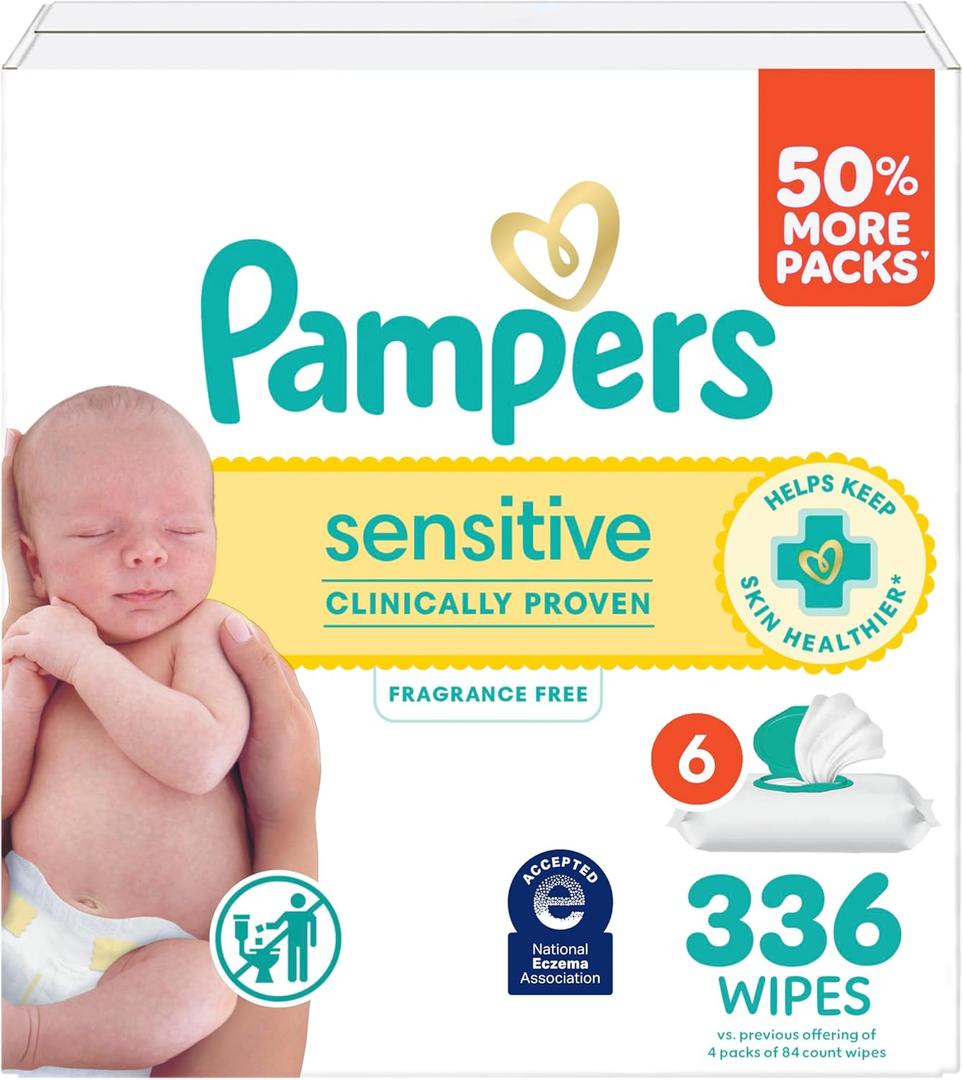 Pampers Sensitive Baby Wipes, Water Based, Clinically Proven, Hypoallergenic, and Unscented for Babies, 336 Wipes Total (6 Flip-Top Packs) [Packaging May Vary]