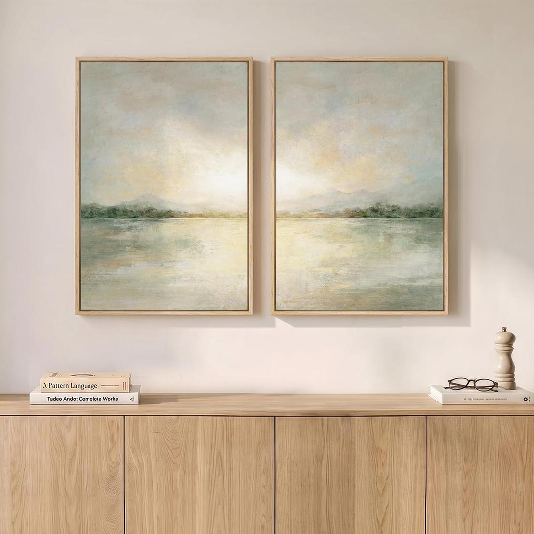 Framed Sage Green Abstract Landscape Canvas Wall Art Bedroom, 16x24 Inch, 16" W x 24" H x 2Pcs