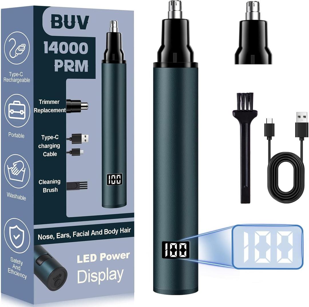 BUV Nose Hair Trimmer for Men with LED Display- 2025 Professional Painless Ear Hair Trimmers for Women, USB Rechargeable Nose Hair Trimmer Clipper  14,000 RPM IPX7 Waterproof Dual Edge Blades, Blue
