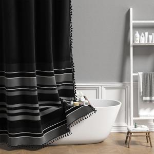 AOFOTO Black and Grey Striped Shower Curtain with Tassels, Modern Minimalism Boho Tassel Shower Curtain Waterproof Fabric Farmhouse Bathroom Curtains Accessory Set Home Decor with Hooks 48x72 Inches