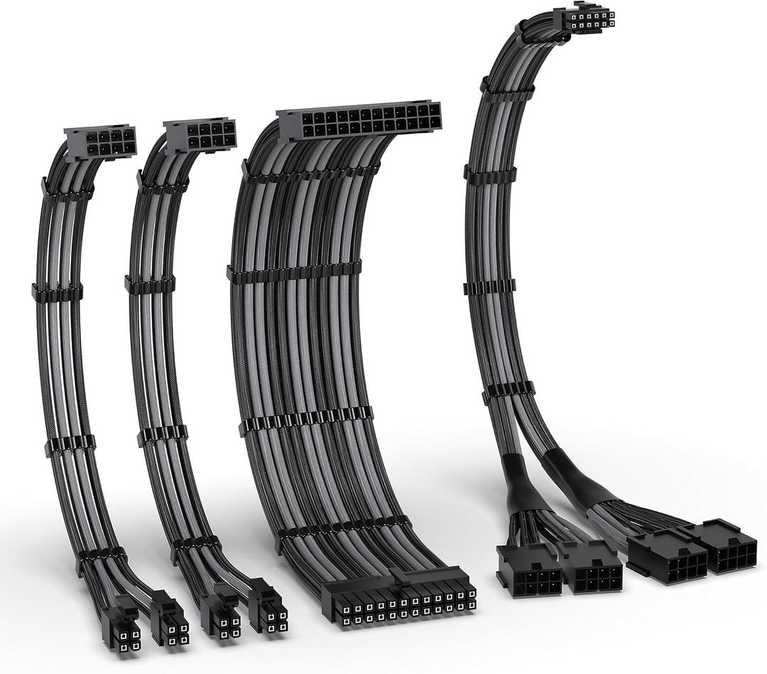 EZDIY-FAB PCIE 5.0 12VHPWR Sleeved Cable Kit, 16AWG Power Supply Cable Extension, 24PIN-ATX/(4+4) PIN-EPS/(12+4) PIN to 4X 8 PIN PCIE- RTX4090/4080/4070Ti Extension Cable- Black/Grey