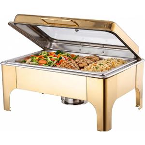 Chafing Dishes for Buffet,Roll Top 9QT Stainless Steel Chafers and Buffet Warmers Sets with Glass Lid for Parties Weddings Catering Events Dinners (Gold)