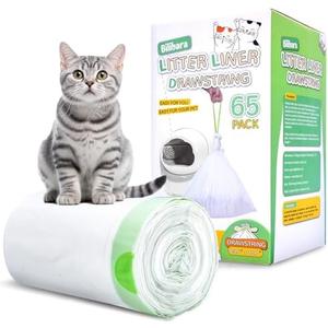 Bilibara 65 Count Drawstring Cat Litter Bags for Most Auto Self-Cleaning Litter Box, Extra Thick Pet Litter Drawer Liners Replacement, Durable Cat Waste Bags, Unscented, 25.6'' W x 15.7'' H