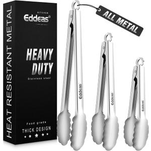 Eddeas Tongs For Cooking - All Metal Heat Resistant 600 Degrees Kitchen Tongs, Stainless Steel Locking Tongs, For Food,Salad, BBQ, Grill, Dishwasher, Set of 3-7",9" & 12 inch