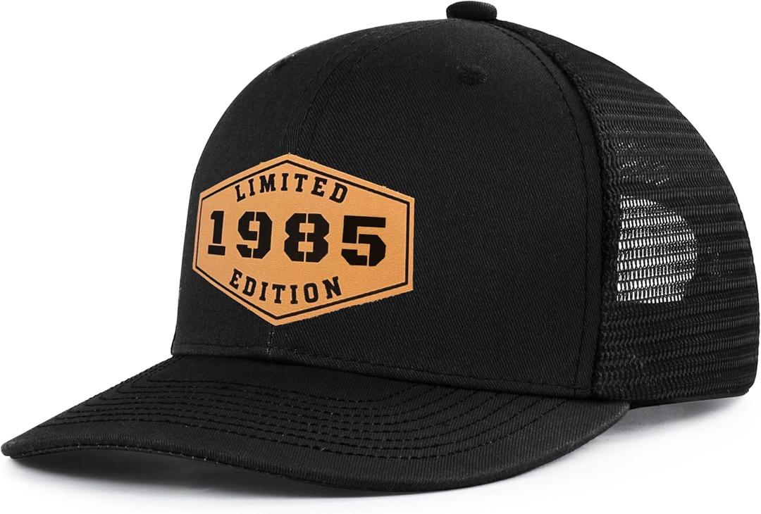 40th Birthday Gifts for Men - 40th Birthday Decorations for Men, Adjustable Trucker Hat with Leather Patch (Le1985-black)