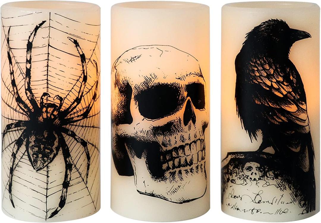 Eldnacele Halloween Flickering Candles with Skull, Spider Web, Crow Raven Decals Set of 3, Battery Operated Halloween Themed LED Candles Horror Spooky Decoration (A-Skull)