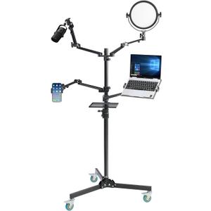 GVM 5-in-1 Movable Live Streaming Floor Stand Kit with Wheels, Overhead Camera Mount with 10" LED Key Light/Mic Boom Arm/Tablet Laptop Phone Stand/Tray for Live Broadcast Podcast Video Recording Game