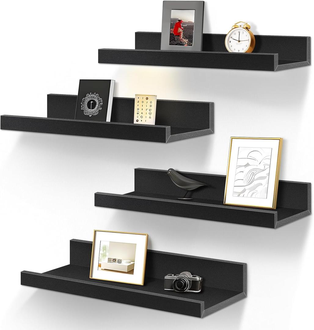 LaVie Home Floating Shelves for Wall Storage Set of 4, 16 Inch Picture Ledge Shelf, Black Wall Shelves with Lip for Kitchen, Bedroom, Bathroom, and Living Room