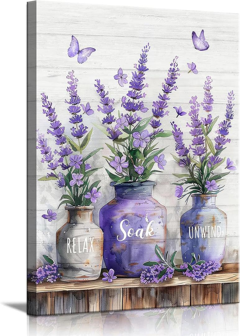 Farmhouse Bathroom Canvas Wall Art Relax Soak Unwind Wall Decor Picture Rustic Mason Jar and Butterfly Purple Lavender Posters Prints Home Bathroom Decoration 16x24in