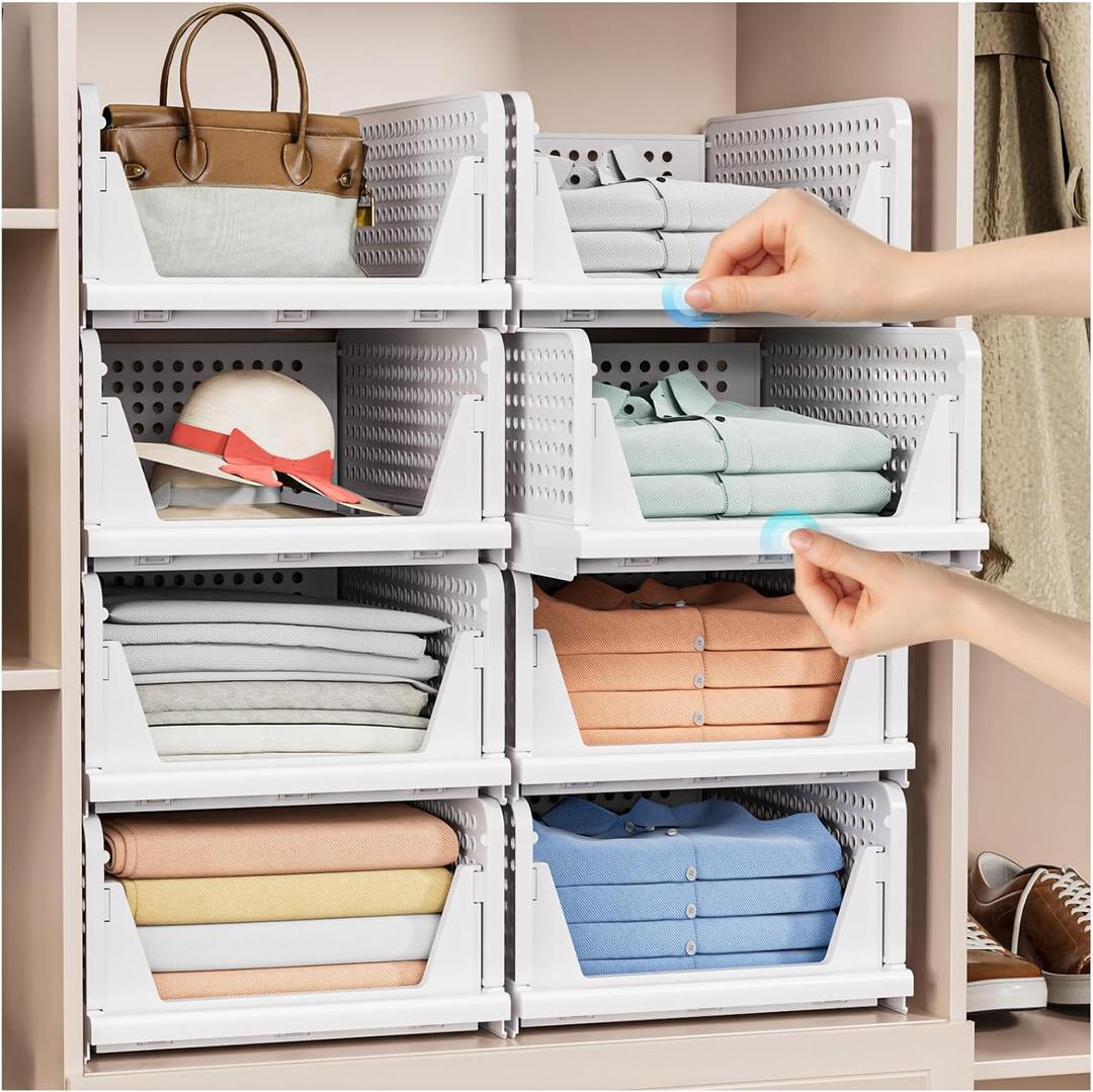 4 Pack Stackable Closet Organizer Box - Stackable Storage Bins, Plastic Storage Basket Foldable Closet Storage Basket for Wardrobe Cupboard Kitchen Bathroom Officem, White (4 Pack White)