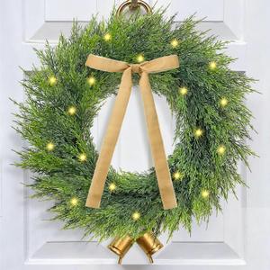 Yastouay 24" Christmas Wreaths for Front Door, Christmas Wreaths with Lights Bow Gold Cow Bell, Christmas Door Wreath for Christmas Garland for Home Wall Window Indoor Outdoor Decor