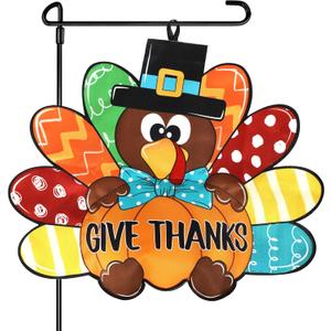 Thanksgiving Garden Flag Outdoor Decorations Turkey Yard Flag for Outside Double-Sided Printed, Large Fall Give Thanks Thankful Autumn House Banner Holiday Seasonal Decoration Pumpkin Maple Leaf (Blue Bow)