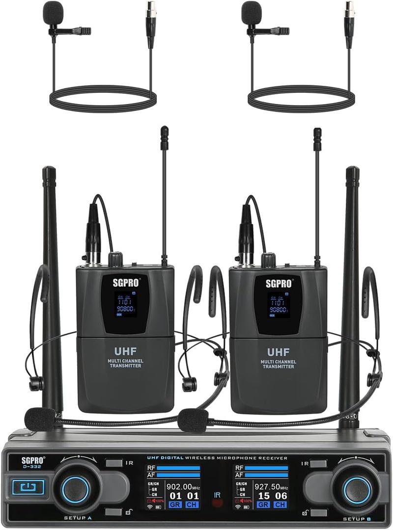 Dual Channel Wireless Microphone System with Two Bodypack Transmitters, Two Headset Micriophones and Two Lavalier Mics for Live & Recording of Sining and Speaking (D-332BB)